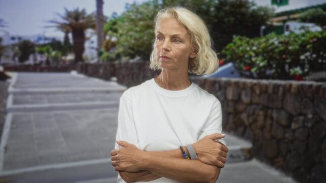 Woman with arms crossed wearing white t shirt on a stone street lined with palm trees and a rock wall; contemplation.