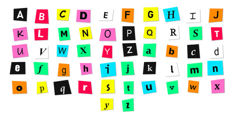 Alphabet letters a to z in uppercase and lowercase, cut from colorful paper squares arranged in a grid with ransom note style typography isolated on a transparent background © Pixel With MH