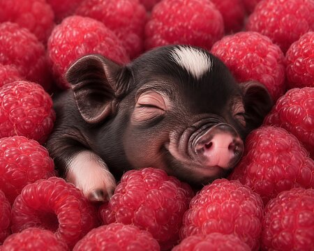 Sleeping mini pig surrounded by fresh raspberries, relaxation and comfort concept, adorable piglet resting peacefully among vibrant ripe berries.
