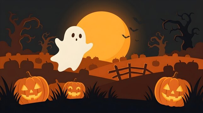 Spooky ghost vector illustration, dark Halloween night background with full moon, bats and carved pumpkins patch banner