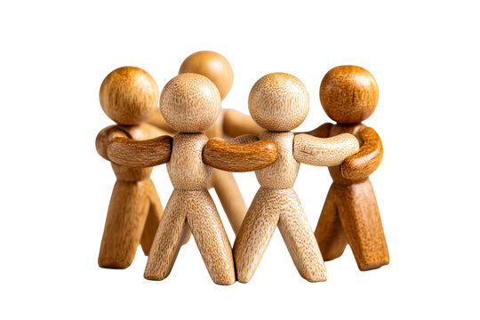 Wooden figurine people linked together in a symbolic circle represent concepts of teamwork, community, and strong human connection.