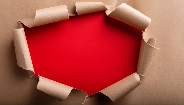 backgrountorn hole in craft paper with red copy space on white background