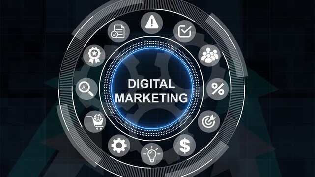 Digital marketing technology concept. Internet. Online. Search Engine Optimisation. SEO. SMM. Video Advertising. . 3d Motion graphics
