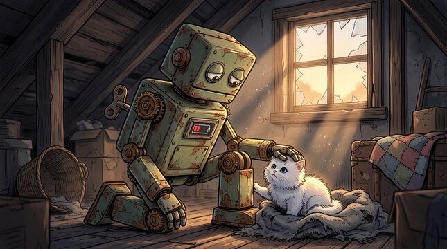 A rusted, vintagestyle robot kneeling in a dusty attic, gently petting a small, fluffy white kitten sitting on an old blanket