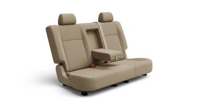 Beige leather car back seat with a middle armrest folded down isolated on a white background showing luxury interior upholstery and comfortable modern passenger cabin design