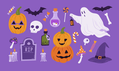 Fototapeta premium Cartoon Halloween icon set with pumpkin, ghost, skull, bat, potion, witch hat and tombstone vector illustration. Autunm holiday clipart for party, invitation, social media design