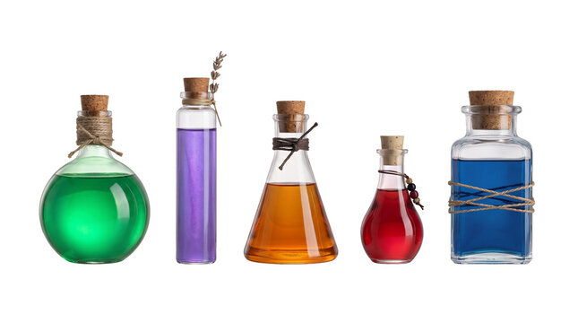 A collection of five glass bottles filled with colorful magical potions isolated on a black background for fantasy games and creative projects