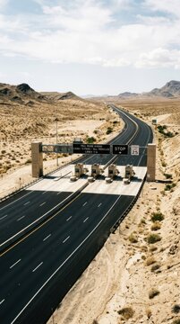 Expansive Desert Highway Toll Booth Under Vast Blue Sky
