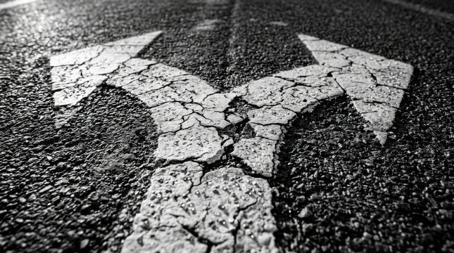 Fork In The Road Decision Point With Cracked White Arrows Representing Choice