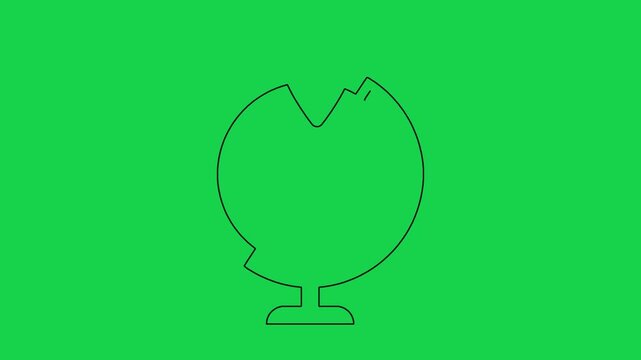 Black outline of globe icon animation drawing on simple vibrant green screen background.
