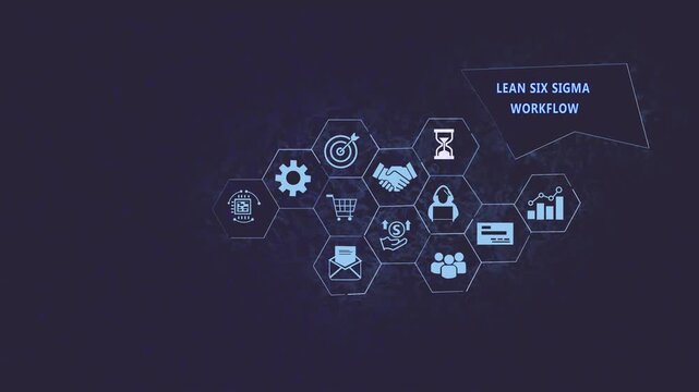 Lean six sigma workflow infographic animation featuring interconnected hexagonal business process for corporate efficiency, management, data analysis, and strategic operational improvement