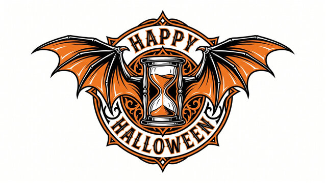 Vintage style happy halloween emblem featuring an hourglass and bat wings on a circular decorative background