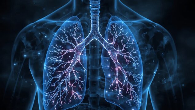Digital illustration of human lungs and respiratory system anatomy