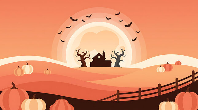 Silhouette of a haunted house with bare trees on a hill at sunset, pumpkins in the foreground, birds flying, and a wooden fence, all in warm orange tones.