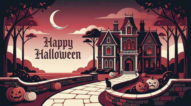 Illustration of a haunted house with carved pumpkins, a crescent moon, dark trees, and the text 'Happy Halloween' in a spooky landscape.