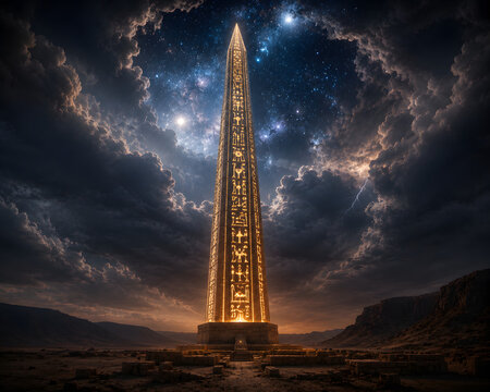 Ancient Egyptian Obelisk Piercing Through Clouds Into Space