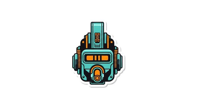 Futuristic robot head sticker, vintage sci-fi character, cartoon illustration
