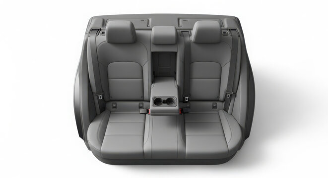 Grey leather car rear seats with integrated cup holder armrest shown from a top down perspective isolated against a clean white background for automotive design