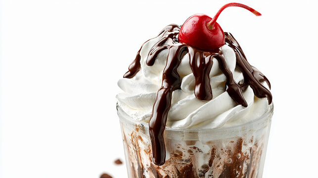 Delicious chocolate milkshake with whipped cream, chocolate syrup and a cherry on top isolated on white background