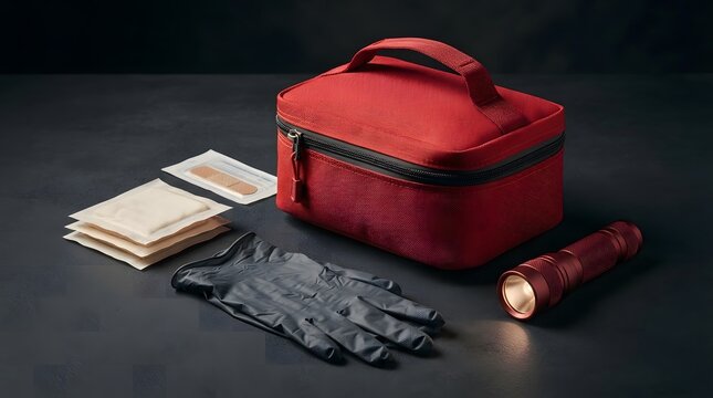 Red medical bag with flashlight and gloves on black surface