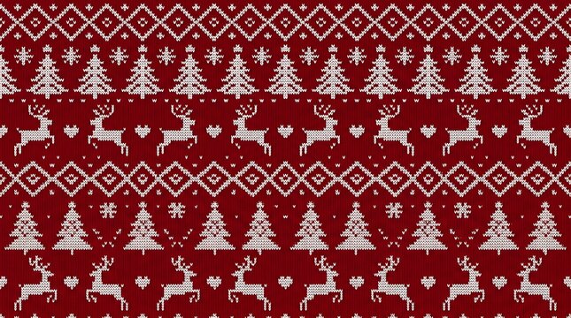 Seamless christmas pattern with deer and fir trees on a red knitted background