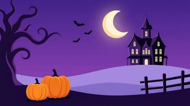 Haunted house on a hill at night with crescent moon, bats flying, leafless tree, pumpkins in foreground, and wooden fence in a purple sky landscape.