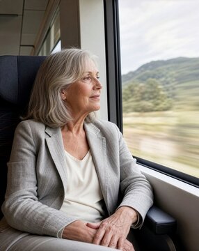 Senior woman looking out of a train window at a passing landscape, concept of travel in retirement, active aging, journey and peaceful contemplation
