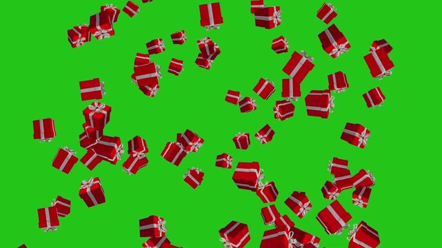 3D red gift boxes falling continuously on green screen chroma key background for holiday background