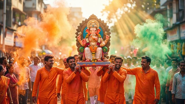 Ganesh Chaturthi Procession &ndash; Ganpati Idol Carried Through Gulal