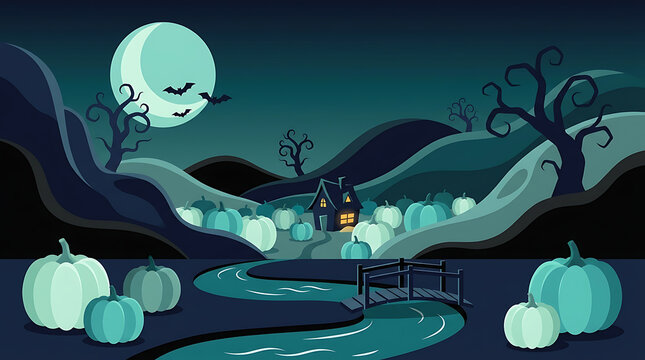 Cartoon landscape with blue pumpkins, winding river, wooden bridge, house with lit windows, bare trees, and a large moon with a face in a night scene.
