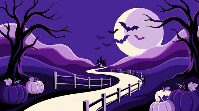 Curved path leading to a house under a full moon, with bats, bare trees, pumpkins, and rolling hills. Dominant purple tones create a spooky nighttime atmosphere.