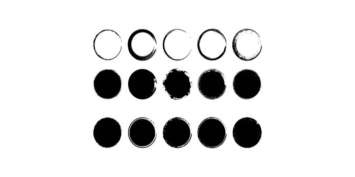 A set of fifteen black grunge and ink brush stroke circle frames and solid shapes on a transparent background for design.