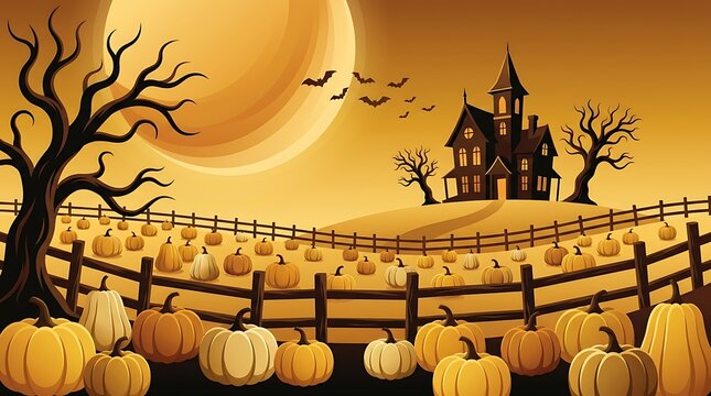 Halloween haunted house with full moon, flying bats, and pumpkin fence at night