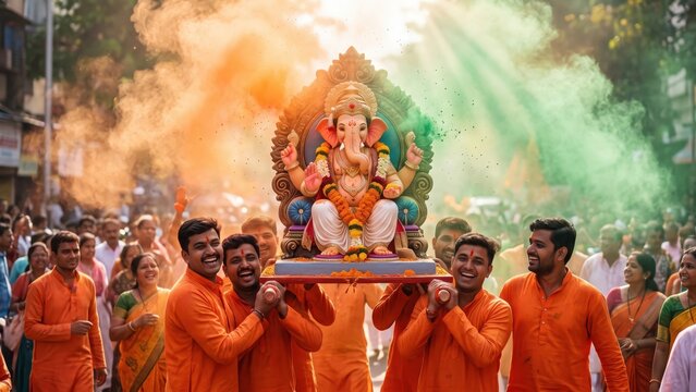 Ganesh Chaturthi Procession &ndash; Ganpati Idol Carried Through Gulal