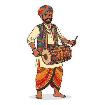 Indian musician playing dhol drum with sticks wearing colorful turban and traditional attire.