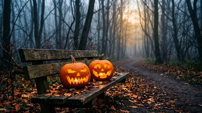Two scary halloween pumpkins on a bench in a dark forest