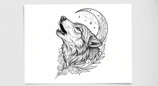 Howling Wolf and Celestial Filigree Crescent Moon Detailed Stipple Design