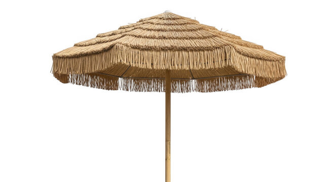 Natural straw beach umbrella with fringe detail standing against bright daylight on isolated transparent background