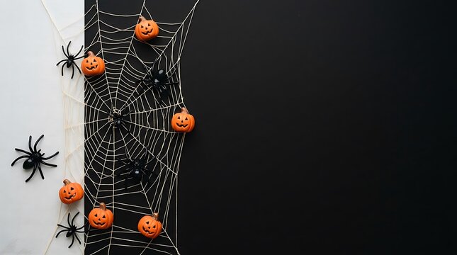 Small pumpkins and spiders on a spider web for halloween