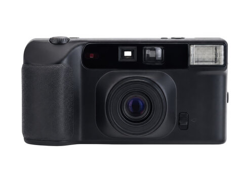 Front view of a classic black film point and shoot camera as PNG isolated on transparent background