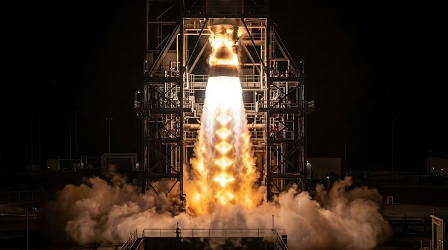 Rocket Engine Static Fire Test Night Shock Diamond Exhaust Space Technology