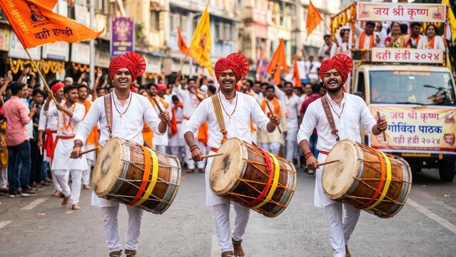Dahi Handi Dhol Players &ndash; Govinda Pathak Leading Festival Procession
