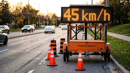 Naklejka premium Dynamic Speed Display Controls Traffic Flow On A Busy Suburban Road