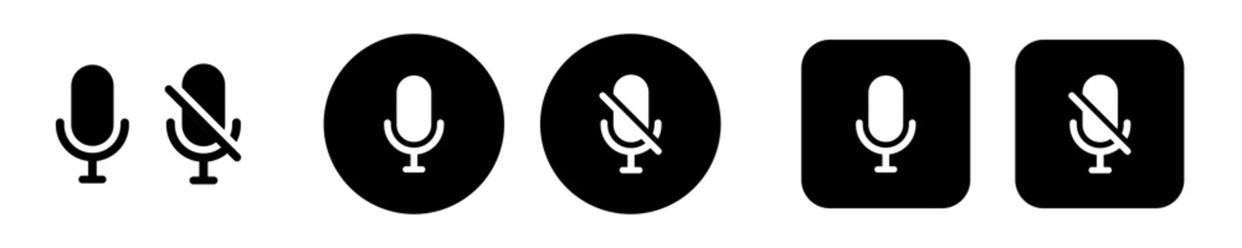 Microphone control icon set with mute and unmute symbols in solid black style. Voice and audio controls for video calls, online meetings and voice chat