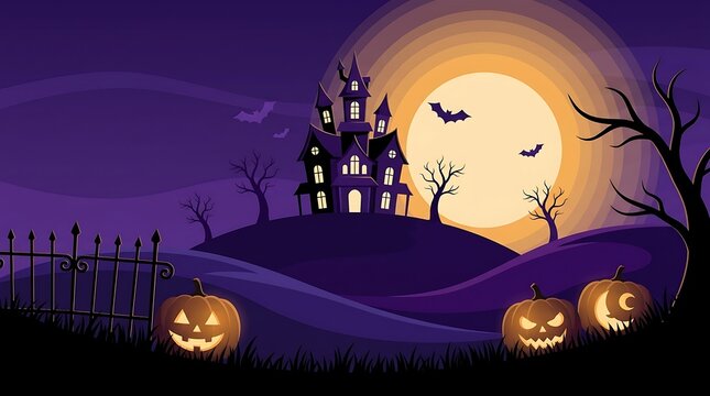Spooky Halloween Night Scene with Haunted House, Cemetery, Full Moon, Bats, Silhouetted Trees and Pumpkins, Dark Autumn Holiday Vector Illustration