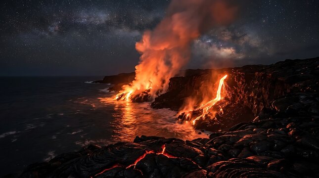 Volcanic Lava Ocean Entry Night Steam Plume Hawaii Iceland Geological Phenomenon