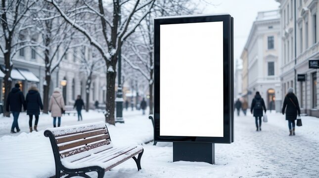 Blank white city poster on a sidewalk for advertising with copy space in winter.