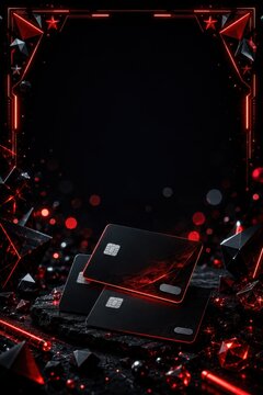 Luxury black credit cards with red glowing geometric patterns and floating stars on dark stone base