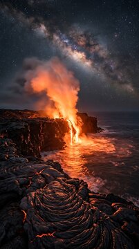 Volcanic Lava Ocean Entry Night Steam Plume Hawaii Iceland Geological Phenomenon