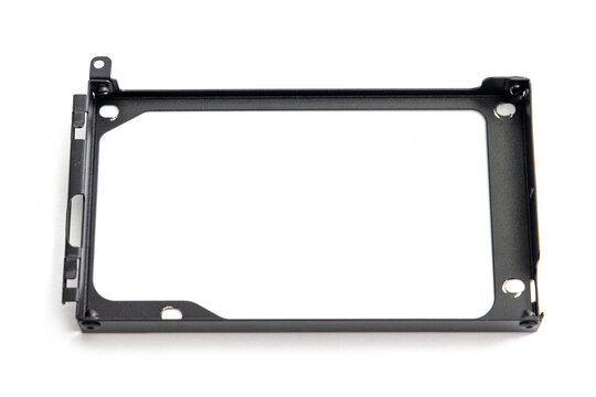 Black metal mounting bracket for hard drive isolated on white